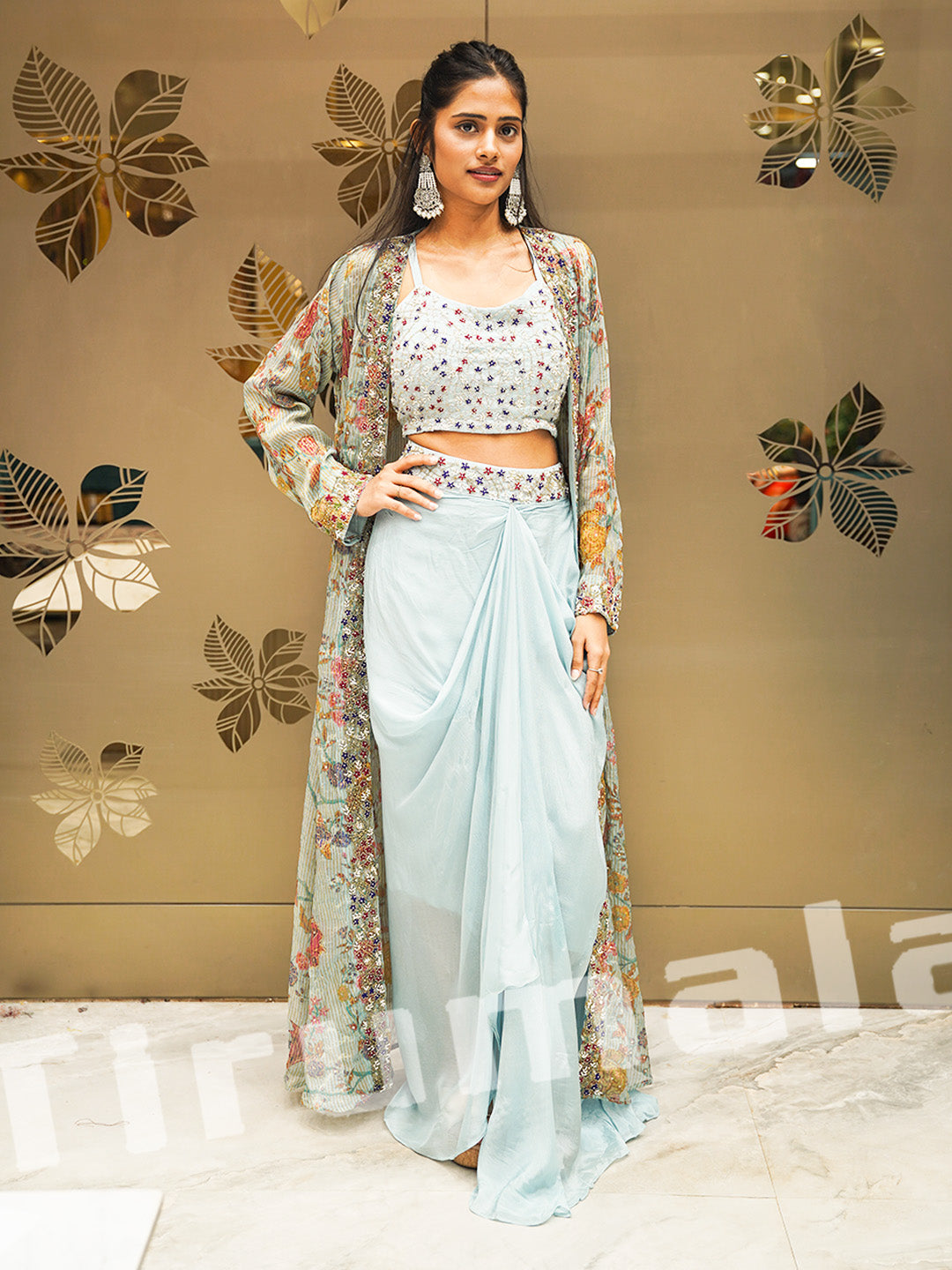 Pastel Blue Tissue & Crepe Dhoti Set With Indo Jacket