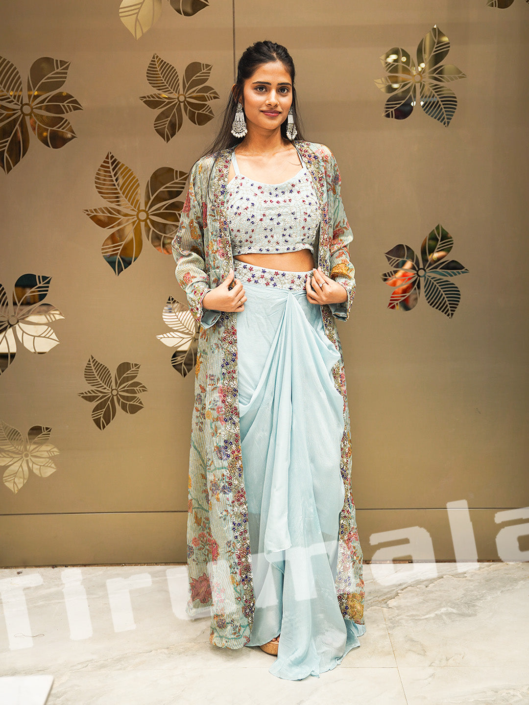 Pastel Blue Tissue & Crepe Dhoti Set With Indo Jacket