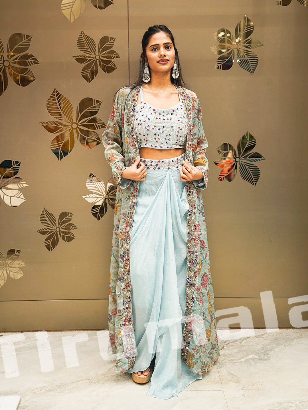 Pastel Blue Tissue & Crepe Dhoti Set With Indo Jacket
