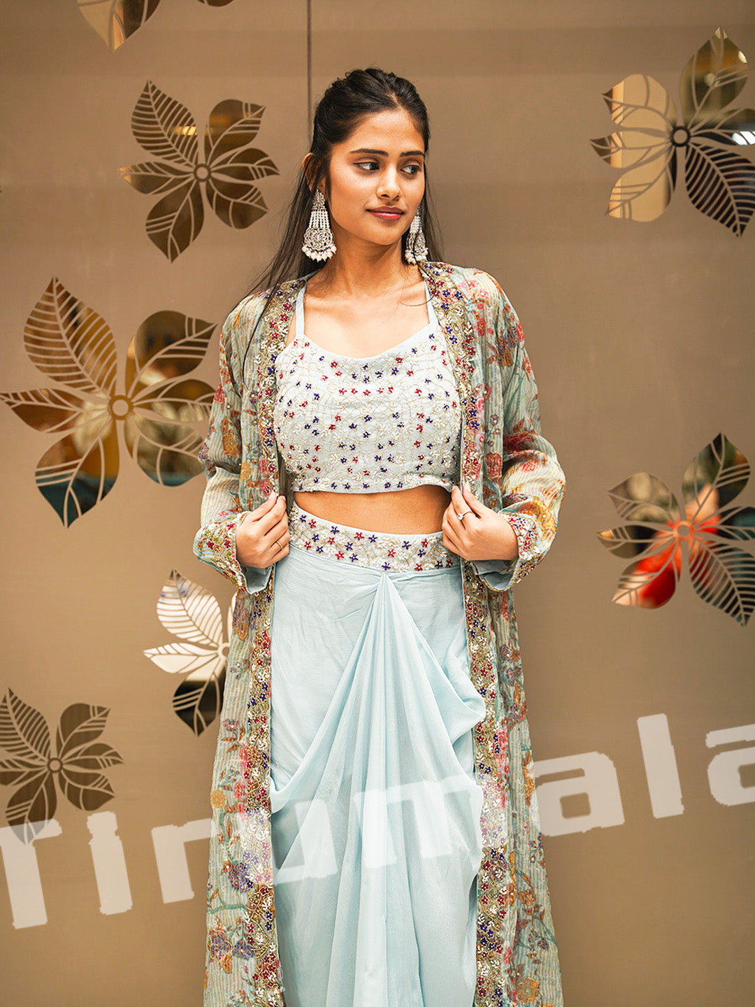 Pastel Blue Tissue & Crepe Dhoti Set With Indo Jacket