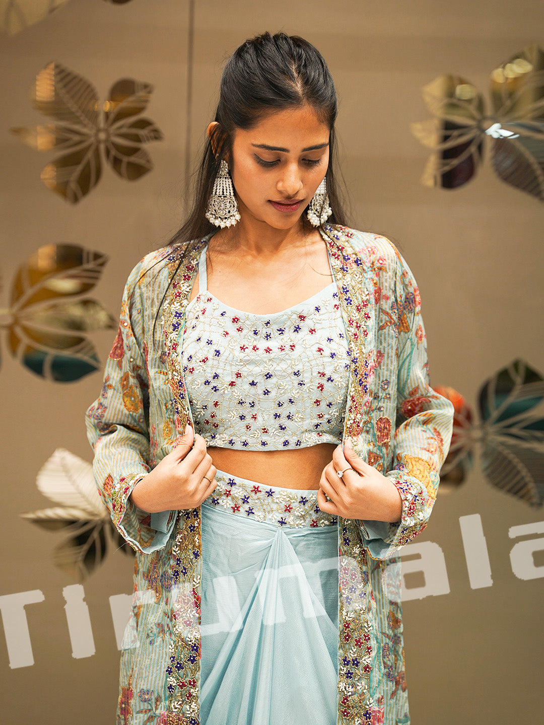 Pastel Blue Tissue & Crepe Dhoti Set With Indo Jacket