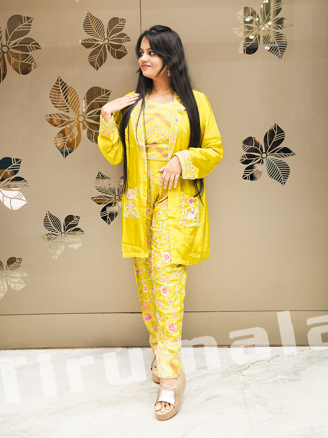 Yellow Tissue Organza Indo-Western With Jacket