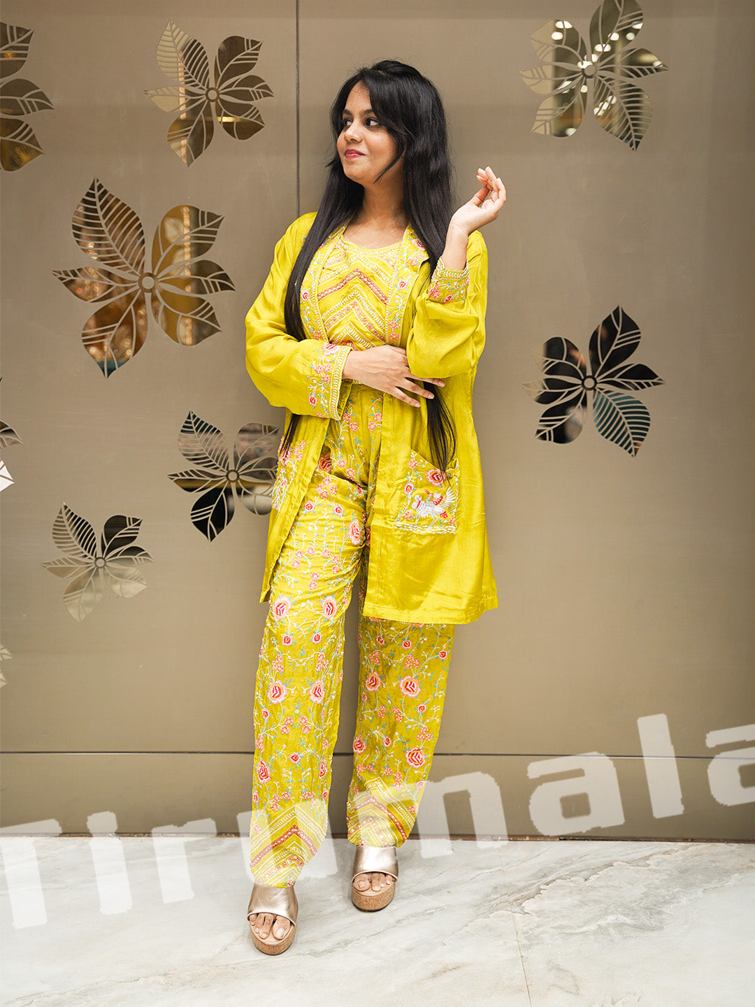 Yellow Tissue Organza Indo-Western With Jacket