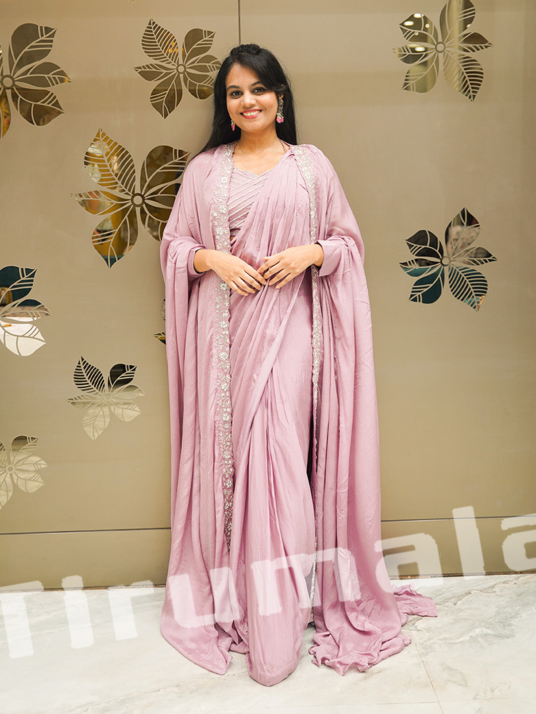 Light Purple Ready-To-Wear Crepe Saree With Jacket