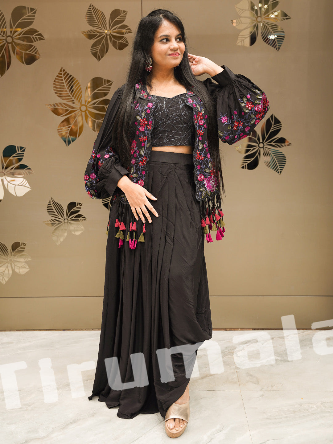 Stunning Black Handworked Dhoti-Style Indo-Western Set