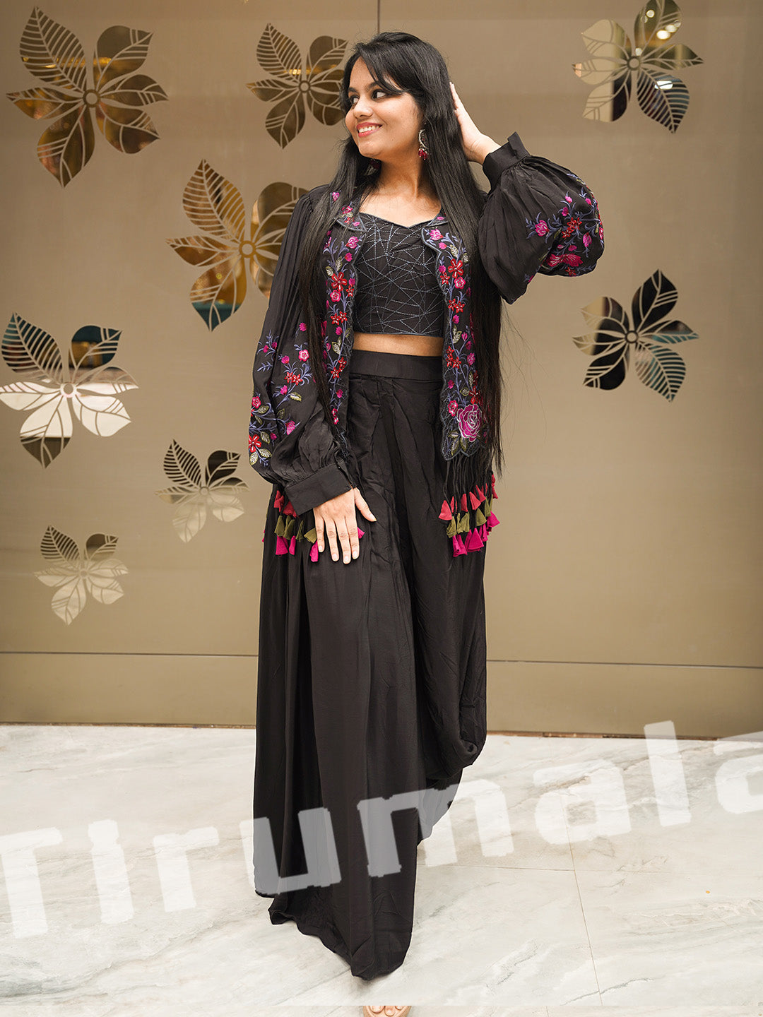Stunning Black Handworked Dhoti-Style Indo-Western Set