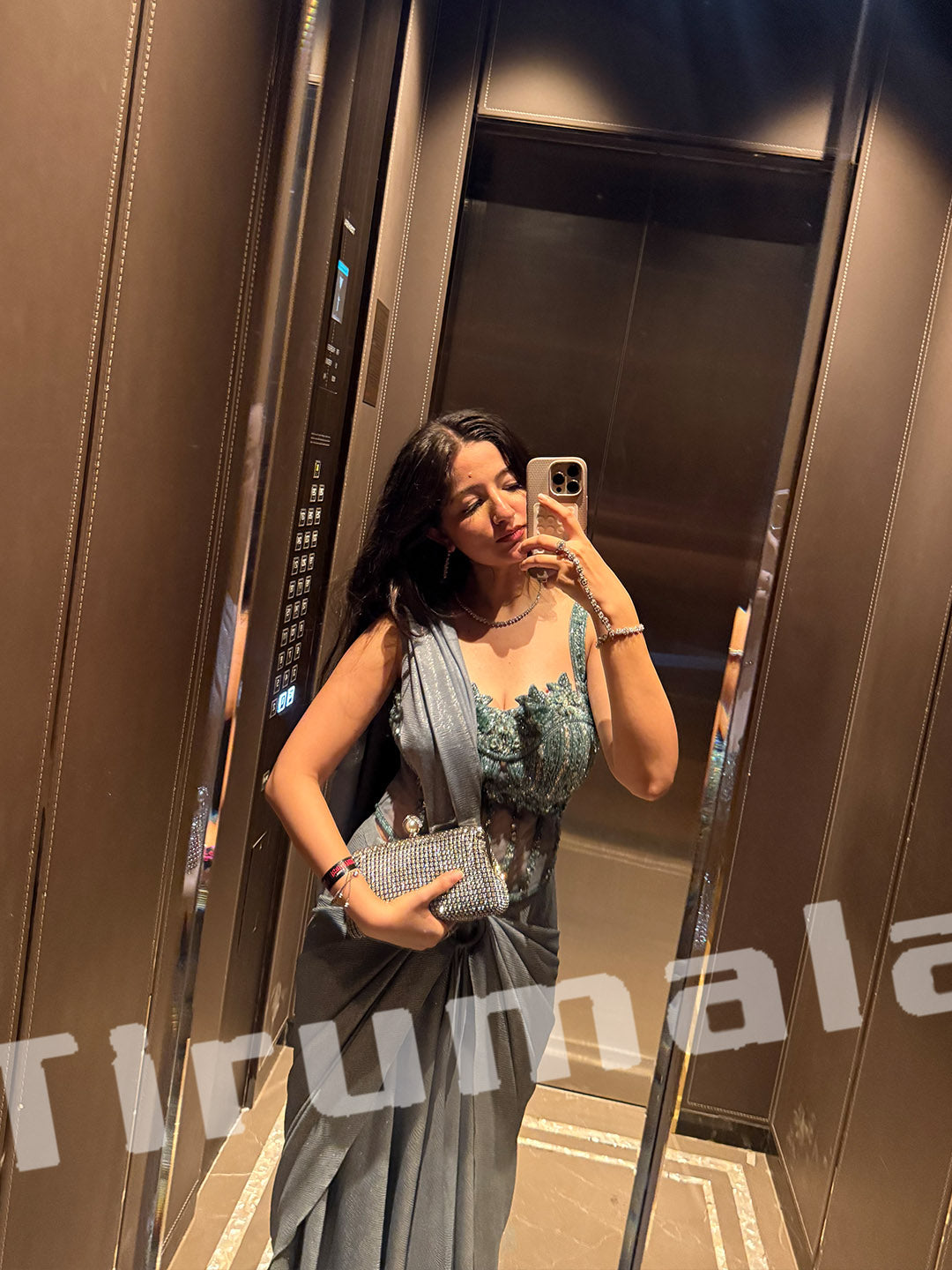 Blue Shimmer Lycra Ready-To-Wear Saree With Handworked Blouse