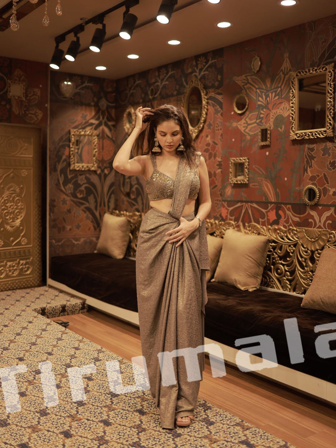 Antique Gold Grey Shimmer Pre Draped Sari With Hand Embroidered Choli