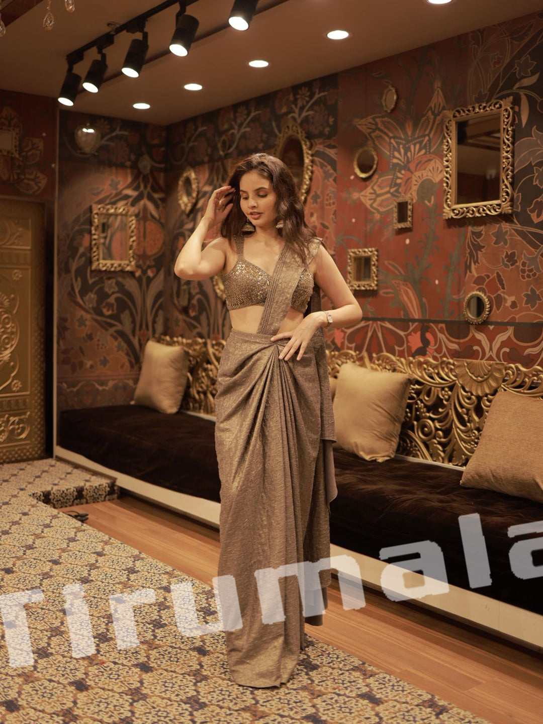 Antique Gold Grey Shimmer Pre Draped Sari With Hand Embroidered Choli