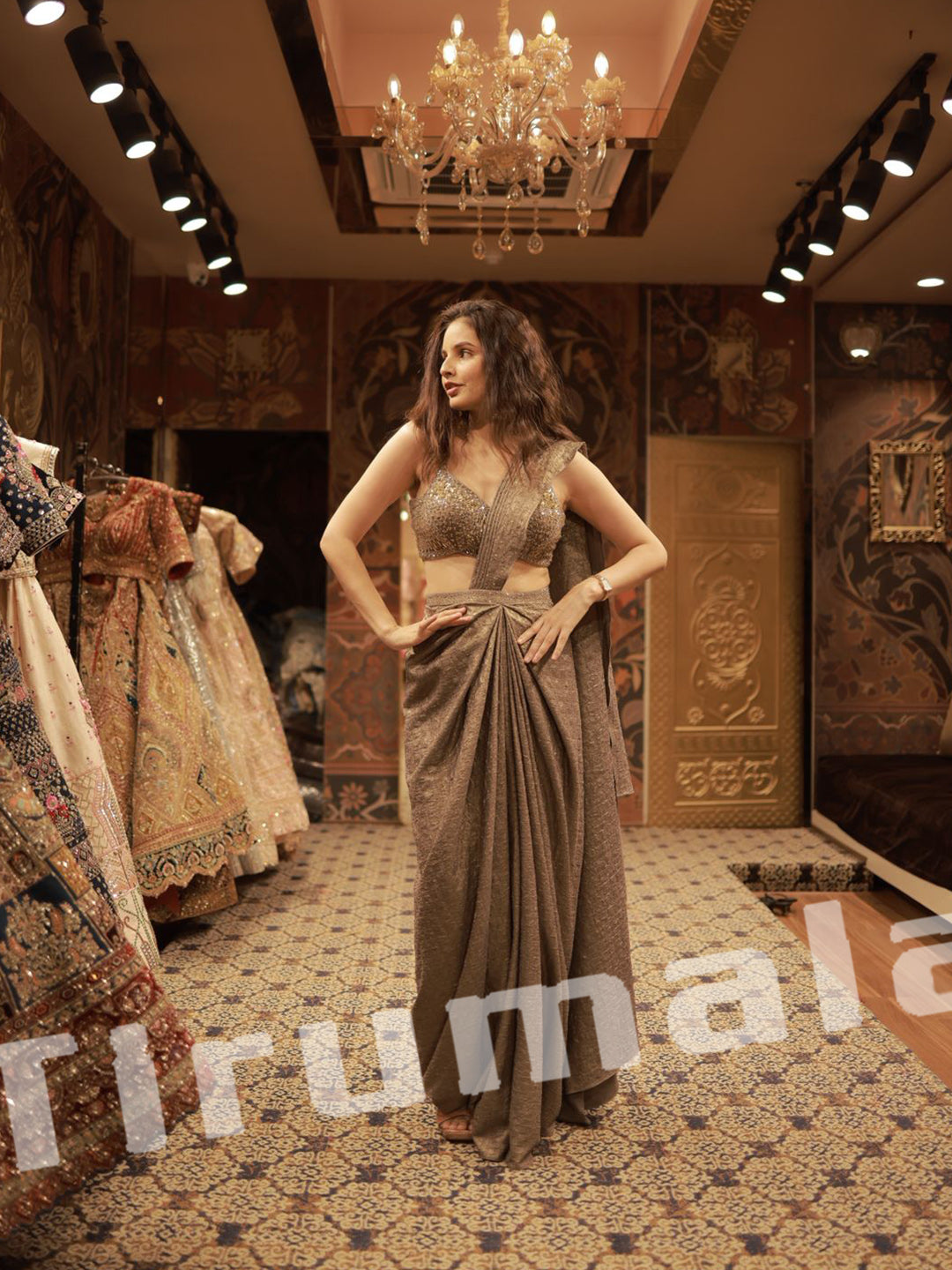 Antique Gold Grey Shimmer Pre Draped Sari With Hand Embroidered Choli