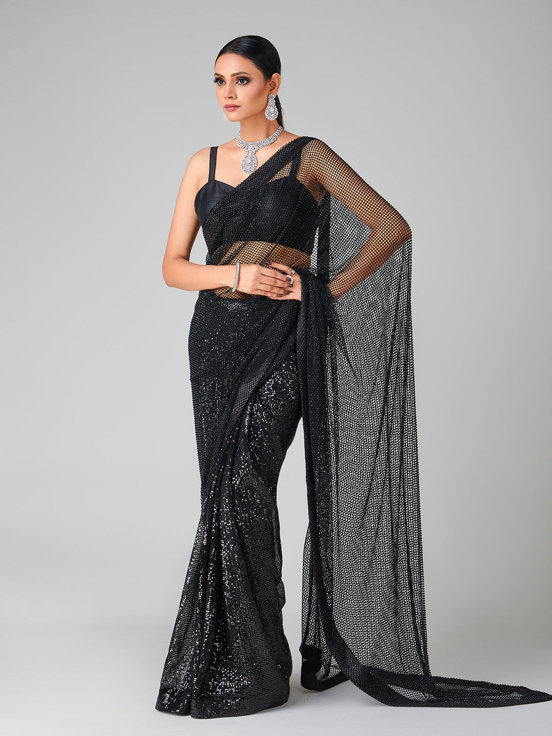 Black Tissue Net Embellished Saree