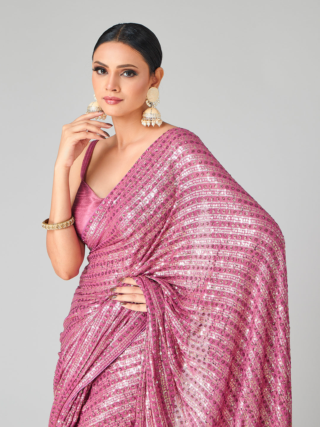 Royal Sequined Rani Pink Georgette Saree