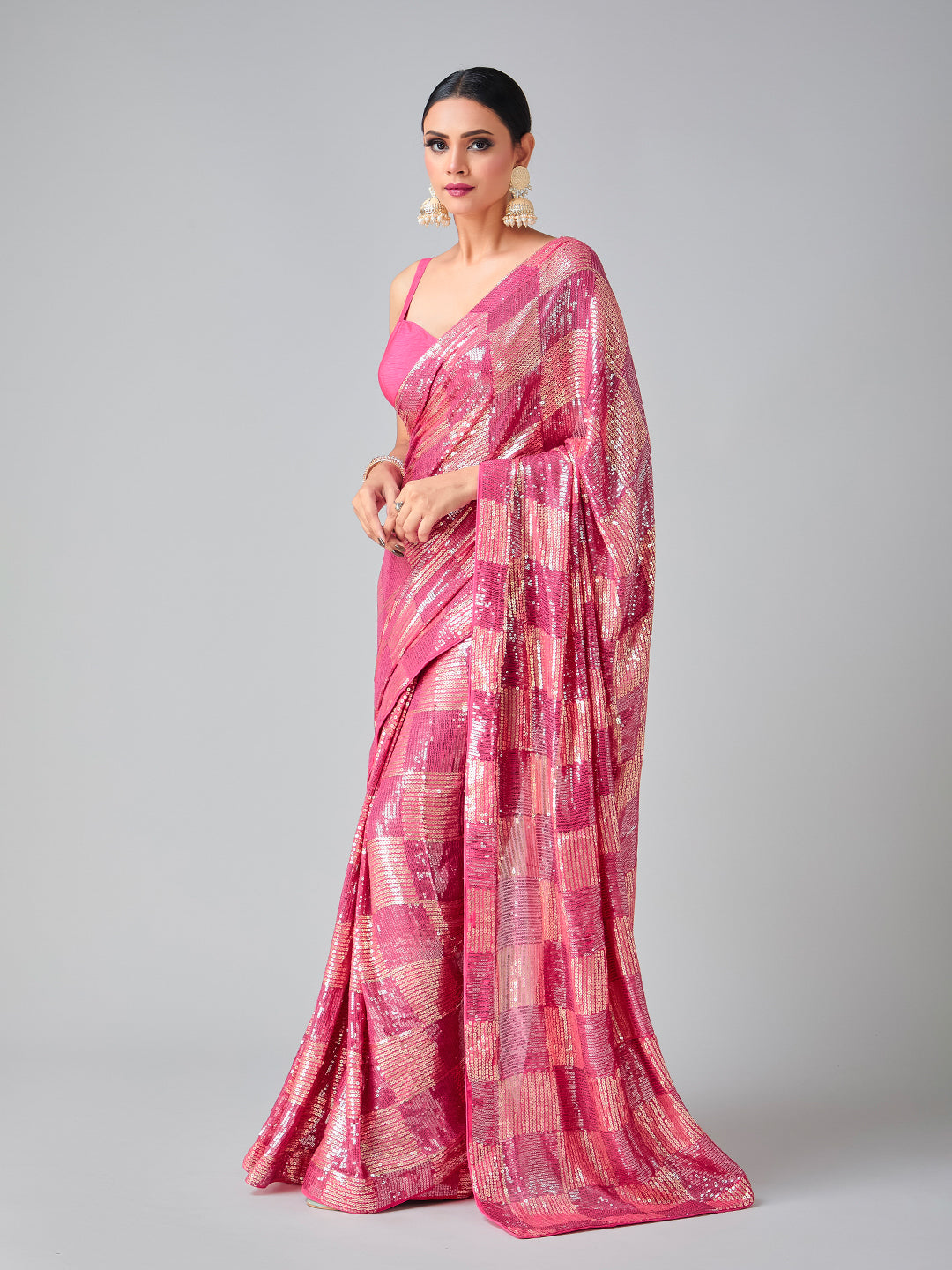 Pink Printed Sequin Saree