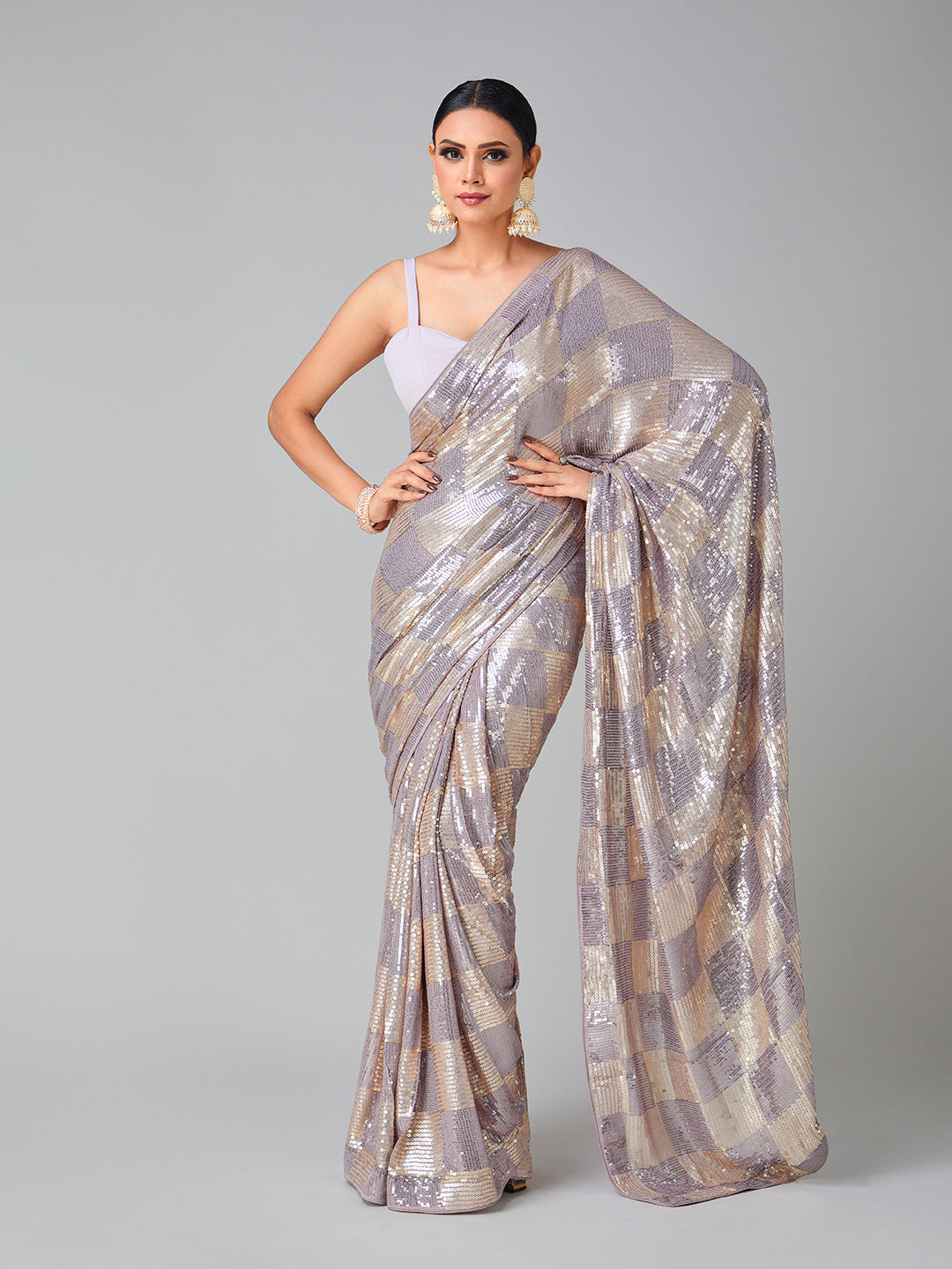 Beautifully Contrasted Gray & Gold Sequin Saree