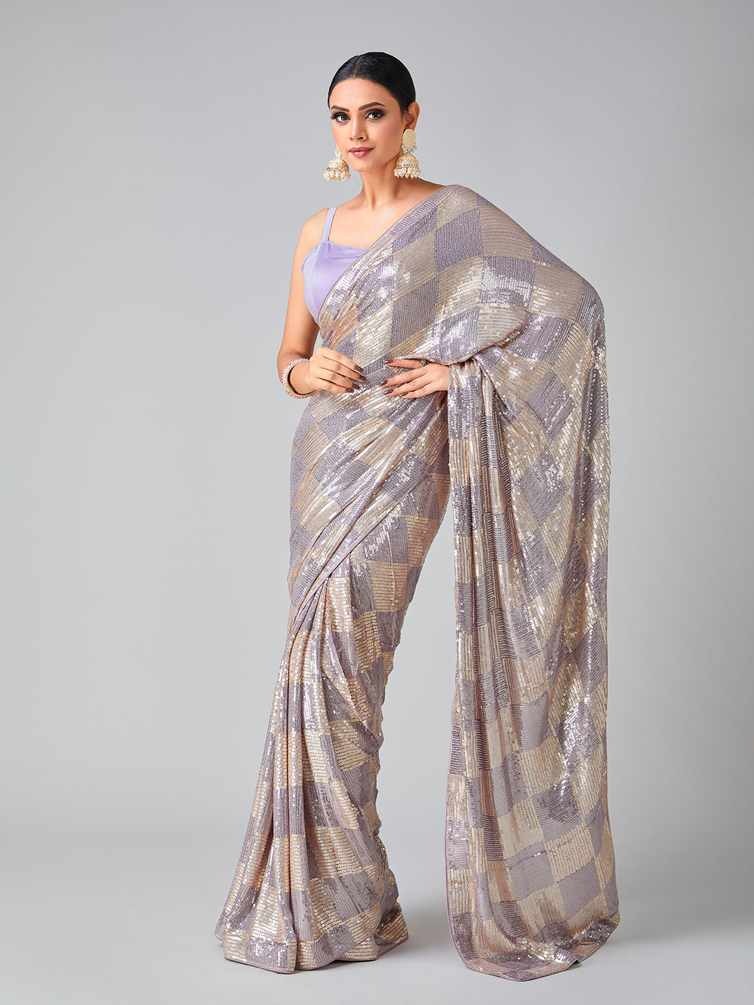 Beautifully Contrasted Gray & Gold Sequin Saree