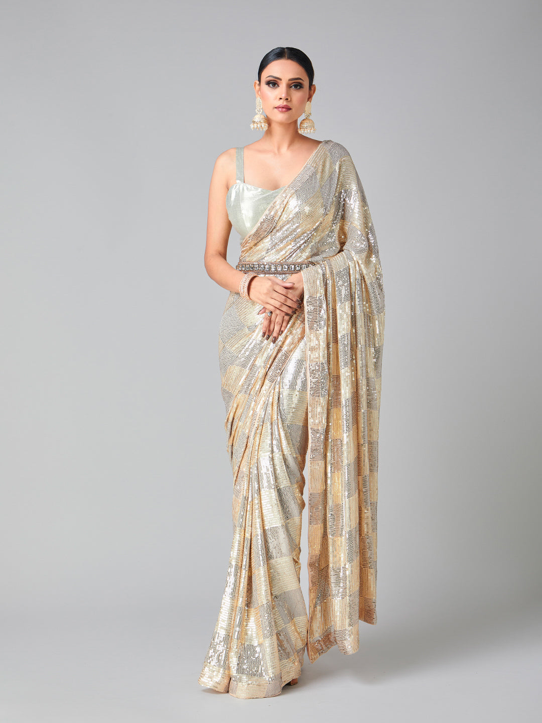 Shimmery Gold & Gray Sequined Saree