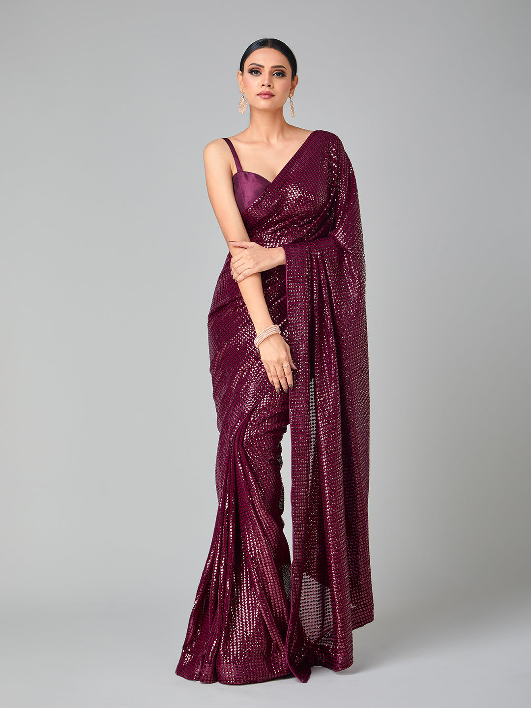 Maroon Sequinned Pure Georgette Heavy Work Saree - Etsy