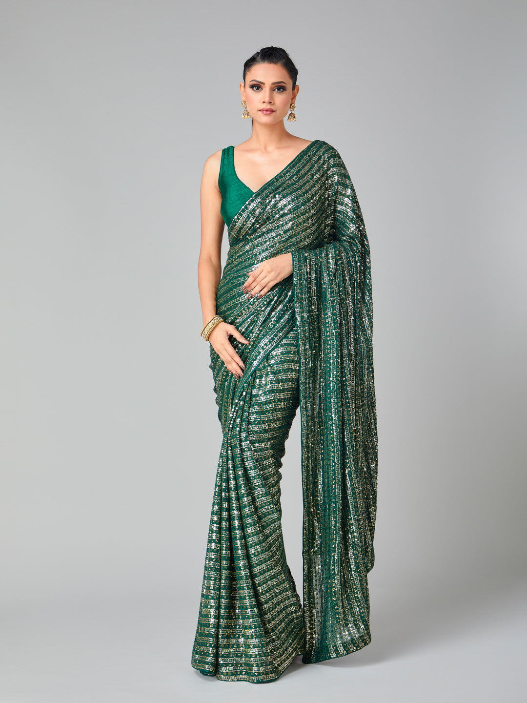 Shimmery Sark Green & Gold Sequin Saree