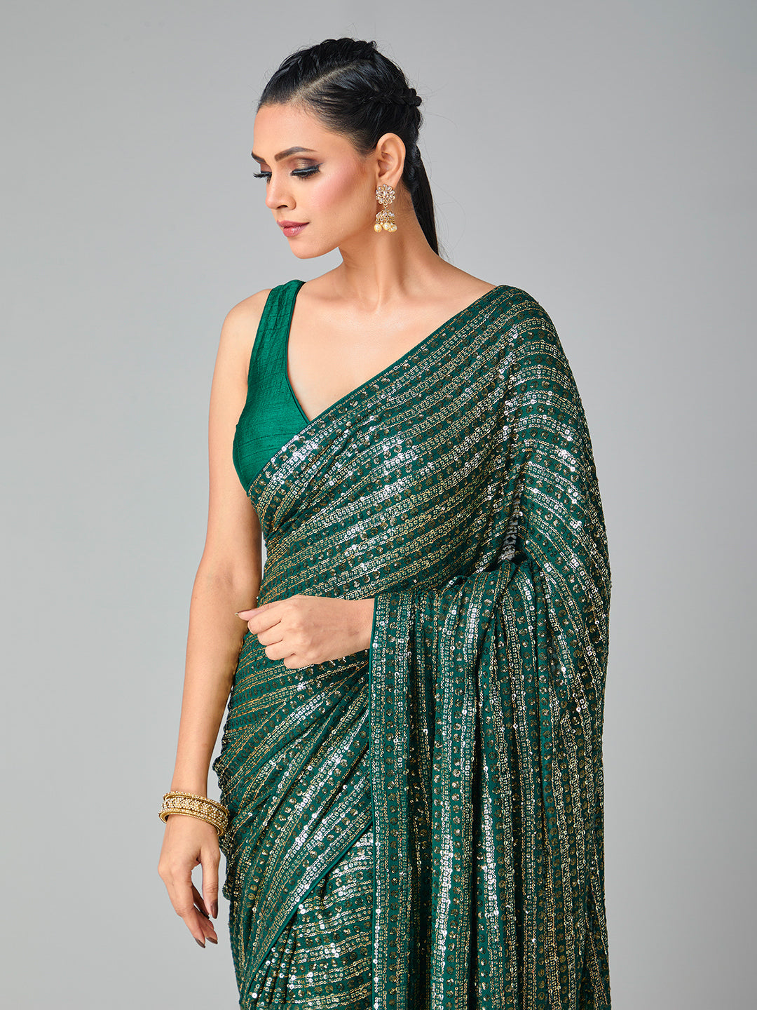 Shimmery Sark Green & Gold Sequin Saree