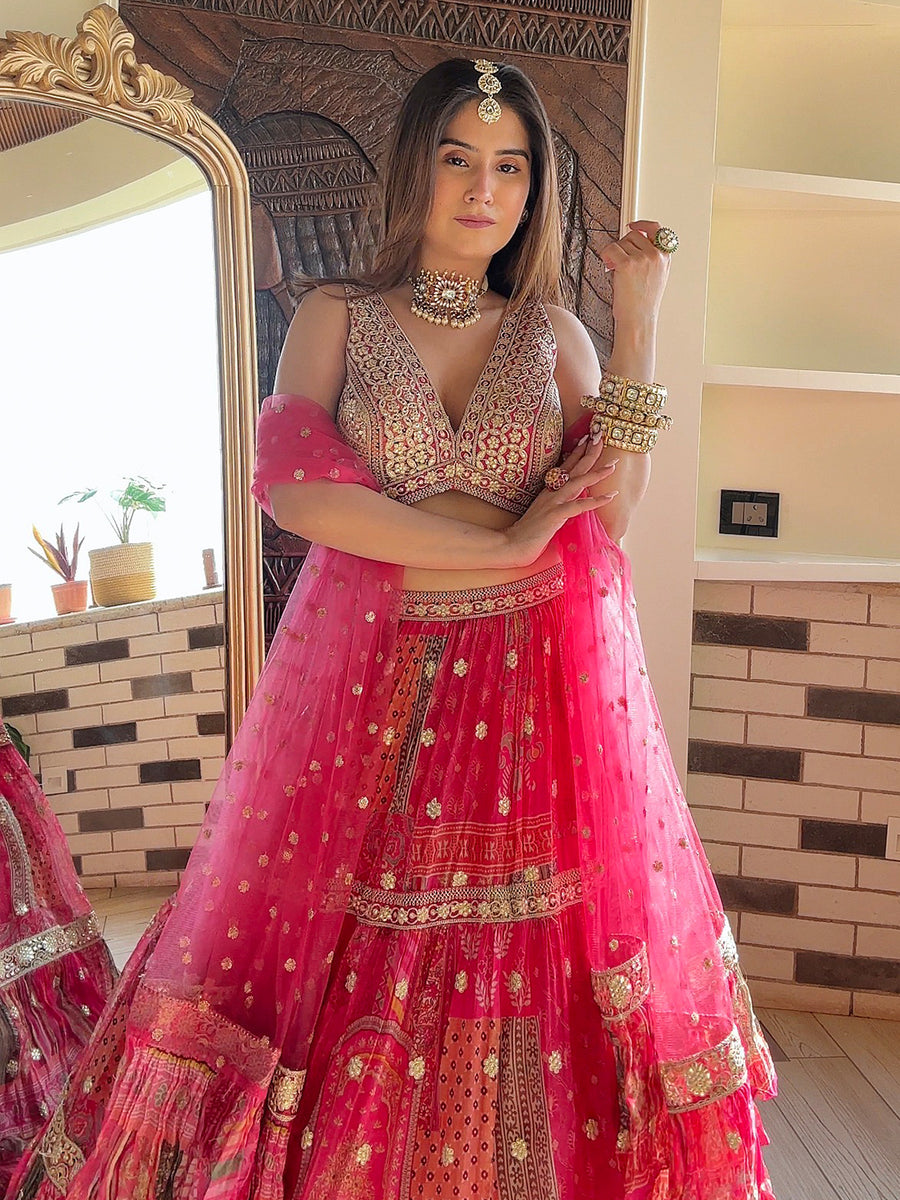 Pink Organza Lehenga With Net Butti Work – Tirumala Designers