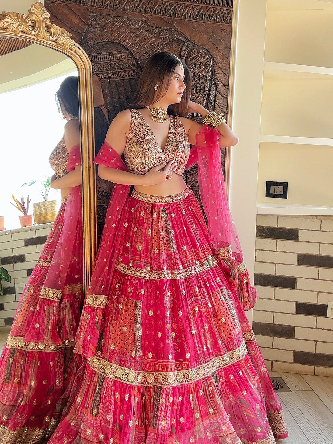 Buy Green Floral Embroidered Net Lehenga Choli with Pink Dupatta Online