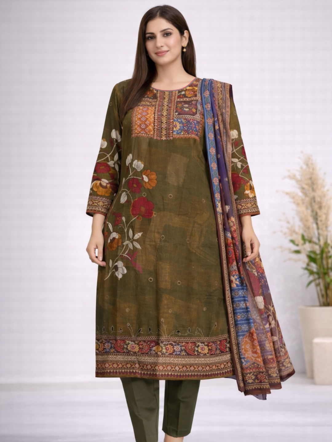 Mehndi Rang Muslin Silk 3-Piece Set – Tirumala Designers