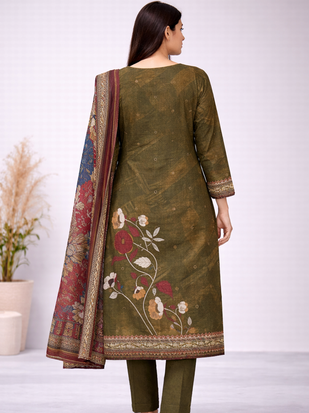 Mehndi Rang Muslin Silk 3-Piece Set – Tirumala Designers