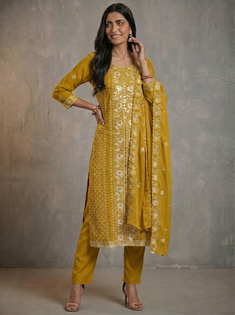 Sunheri Kiran Lucknowi Georgette Suit Set – Tirumala Designers