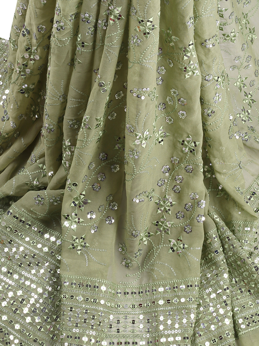 Green Embroidered Georgette Fabric With Seqins
