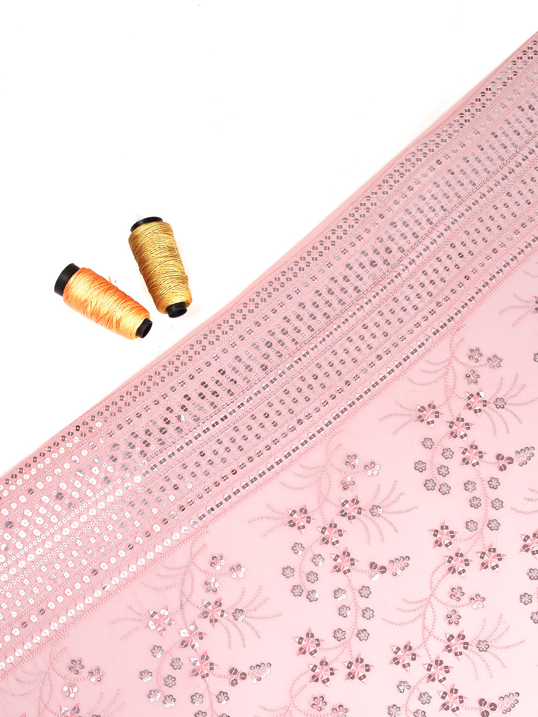 Peach Embroidered Georgette Fabric With Seqins