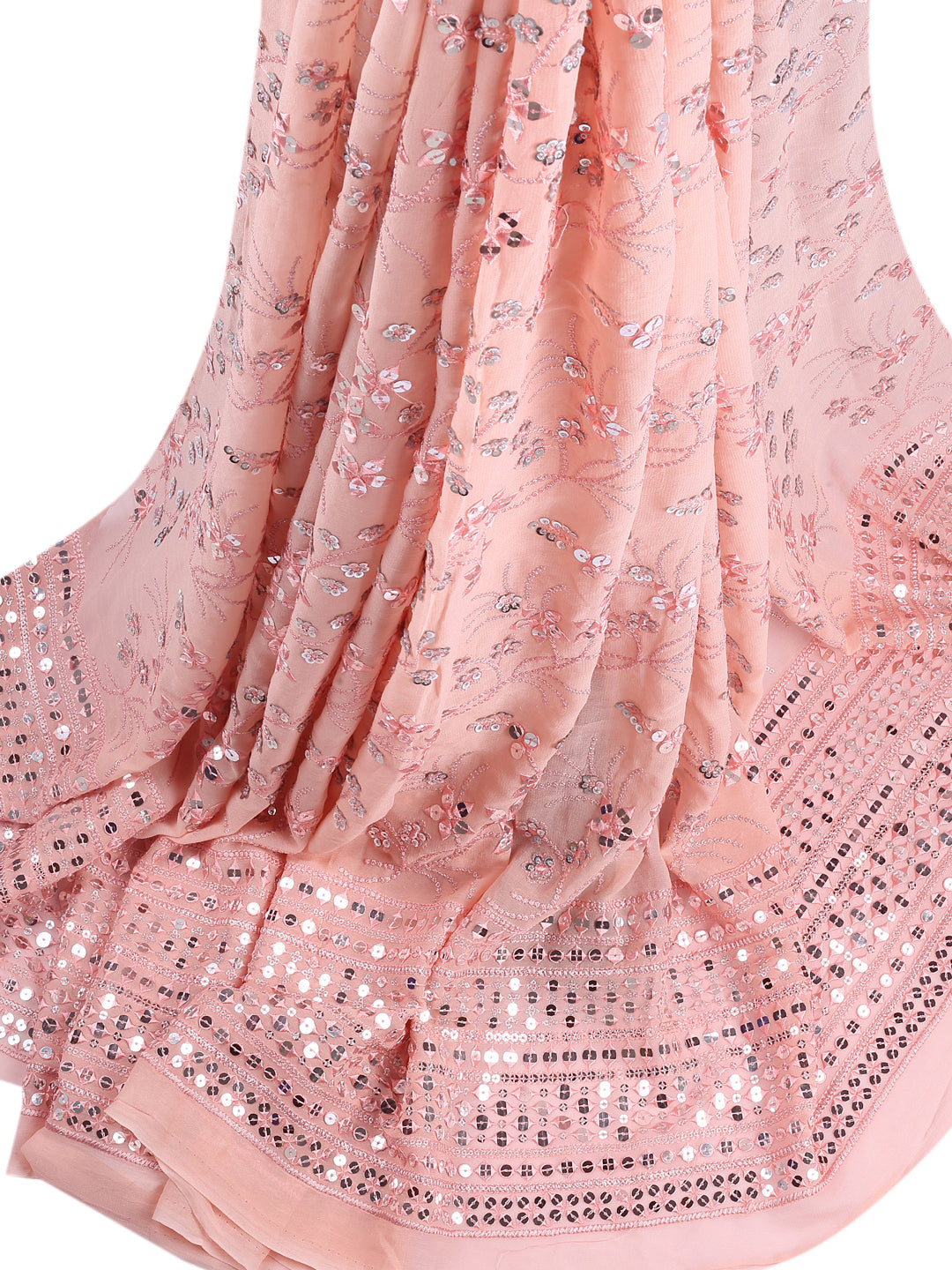 Peach Embroidered Georgette Fabric With Seqins
