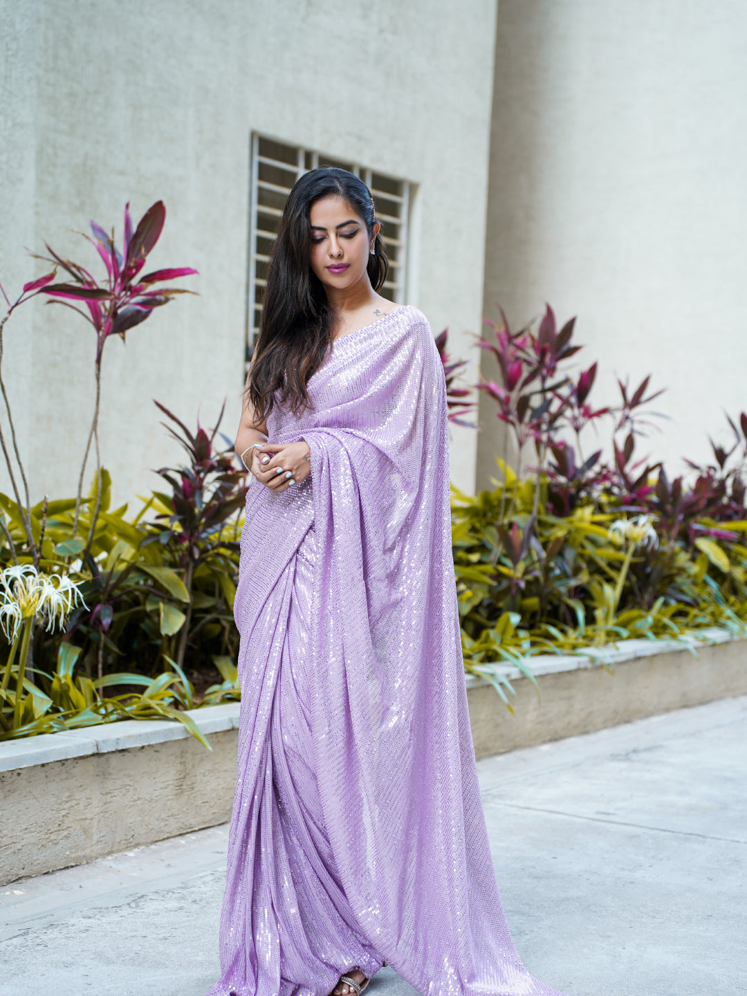 Lavender Sequins Saree With Blouse Fabric