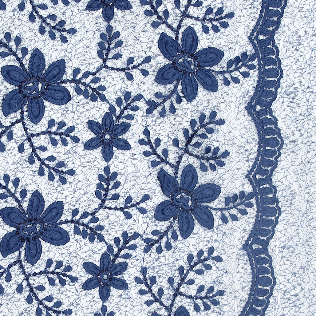 Indigo Imported Embroidered Lace Net Fabric With 3D Applique, Sequin & Threadwork