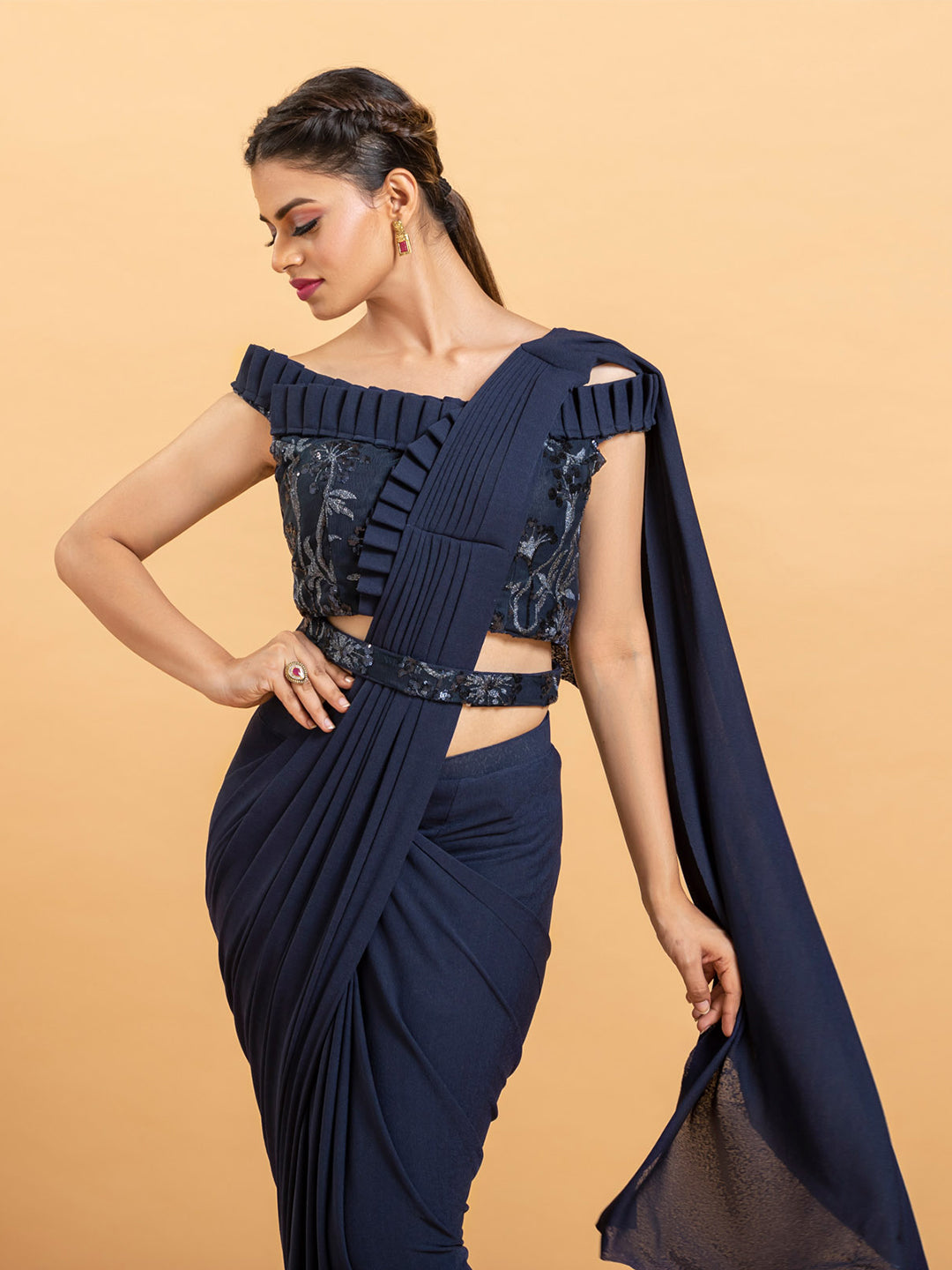 Mid Night Blue Drape Saree With Embroidered Off-Shoulder Blouse