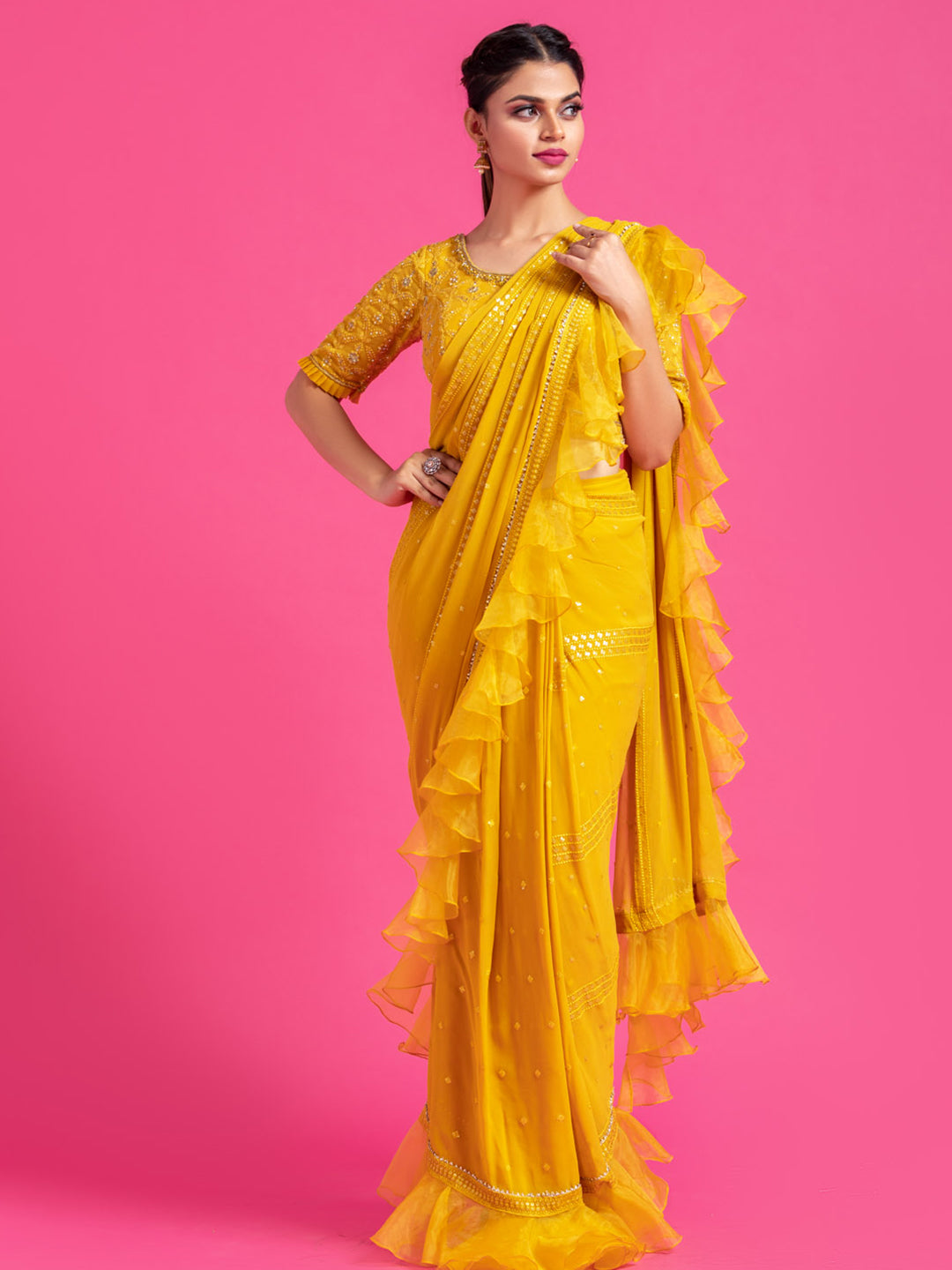Mustard Yellow Shaded Wrap-Around Ruffle Saree With Embroidered Blouse
