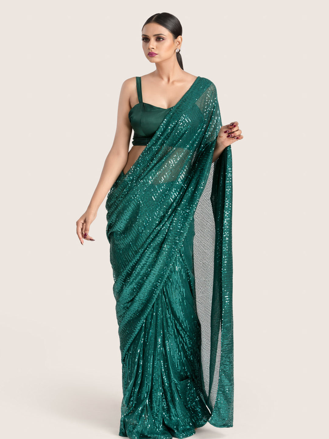 Bottle Green Sequins Saree With Blouse Fabric