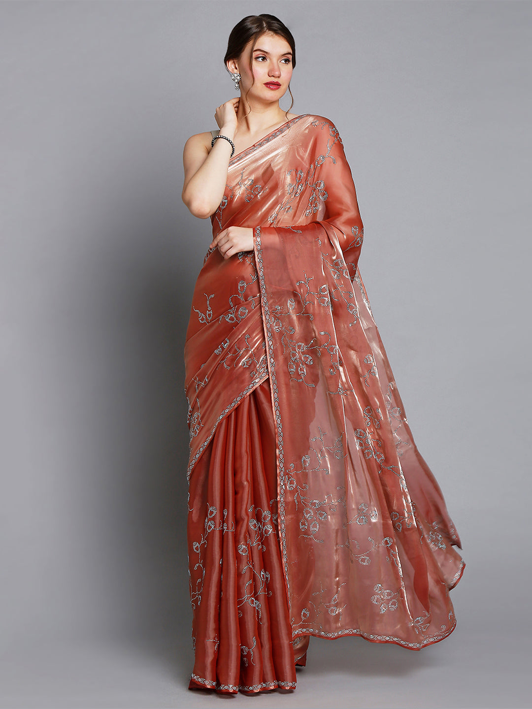 Copper Soft Tissue Saree With Floral Embroidery