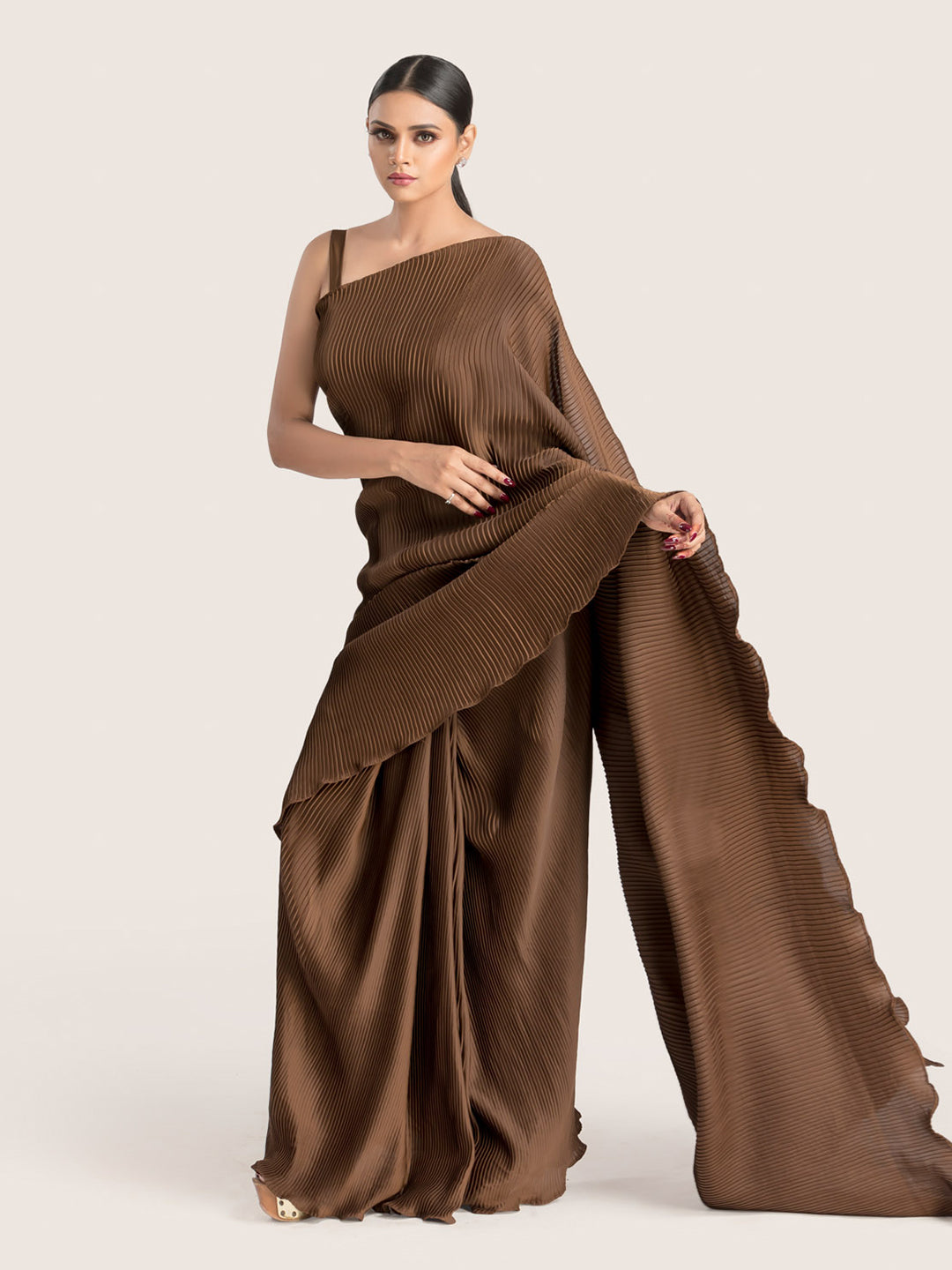 Brown Pleated Satin Georgette Saree With Blouse Fabric