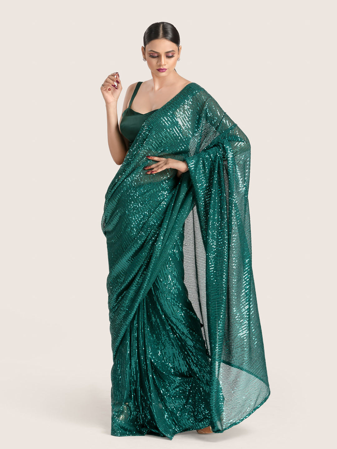 Bottle Green Sequins Saree With Blouse Fabric