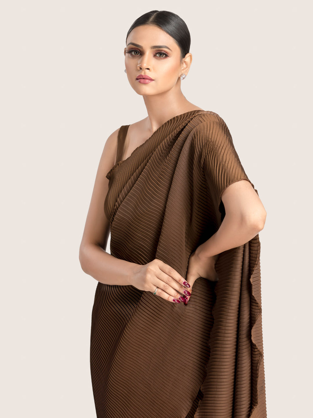Brown Pleated Satin Georgette Saree With Blouse Fabric
