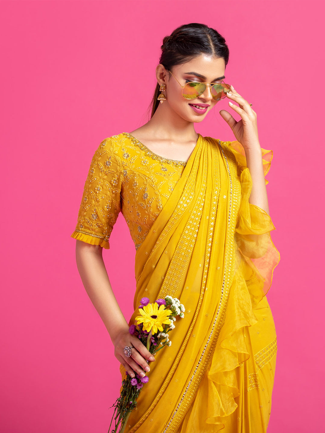 Mustard Yellow Shaded Wrap-Around Ruffle Saree With Embroidered Blouse