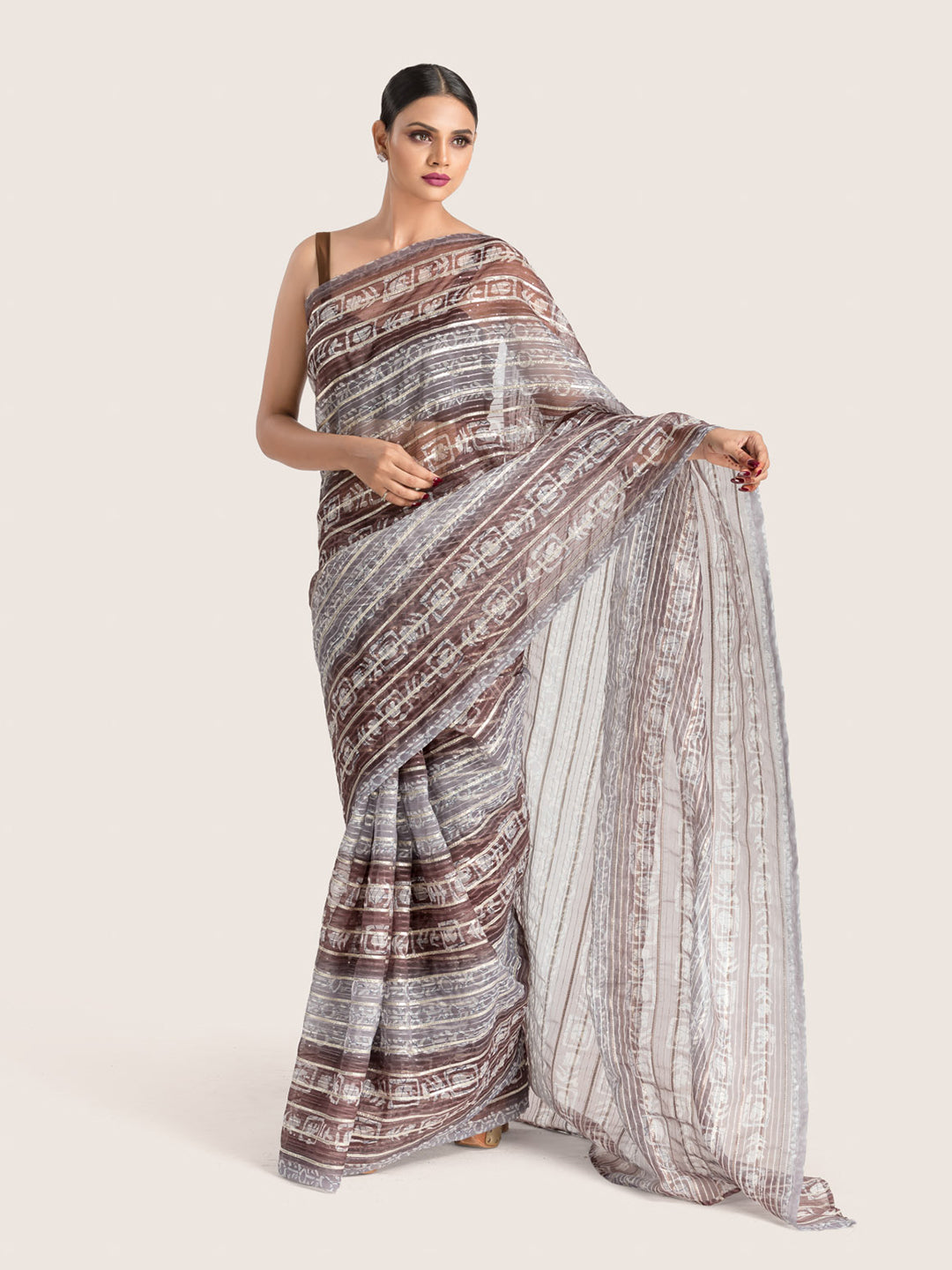 Brown & Grey Printed Organza Saree With Blouse Fabric
