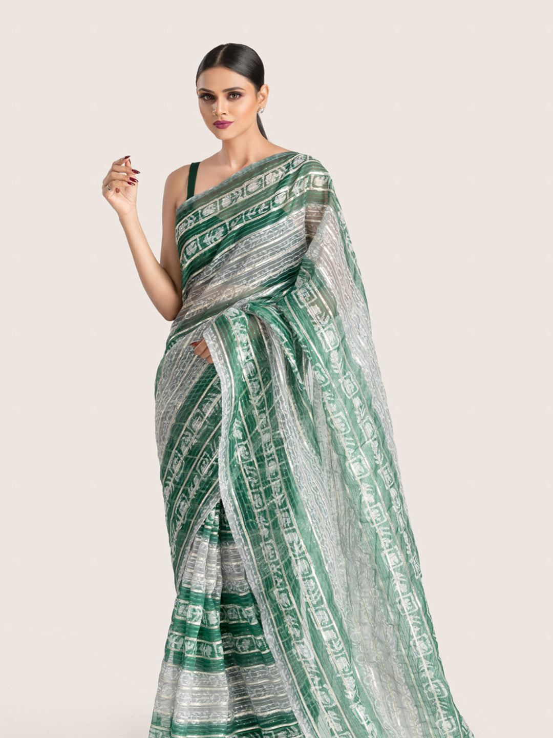 Green & Grey Printed Organza Saree With Blouse Fabric