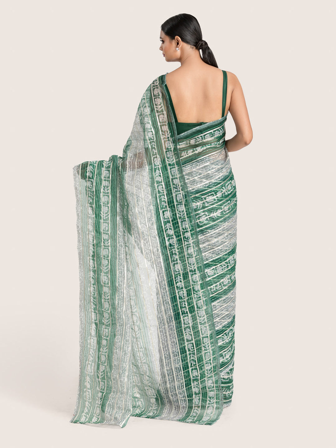 Green & Grey Printed Organza Saree With Blouse Fabric