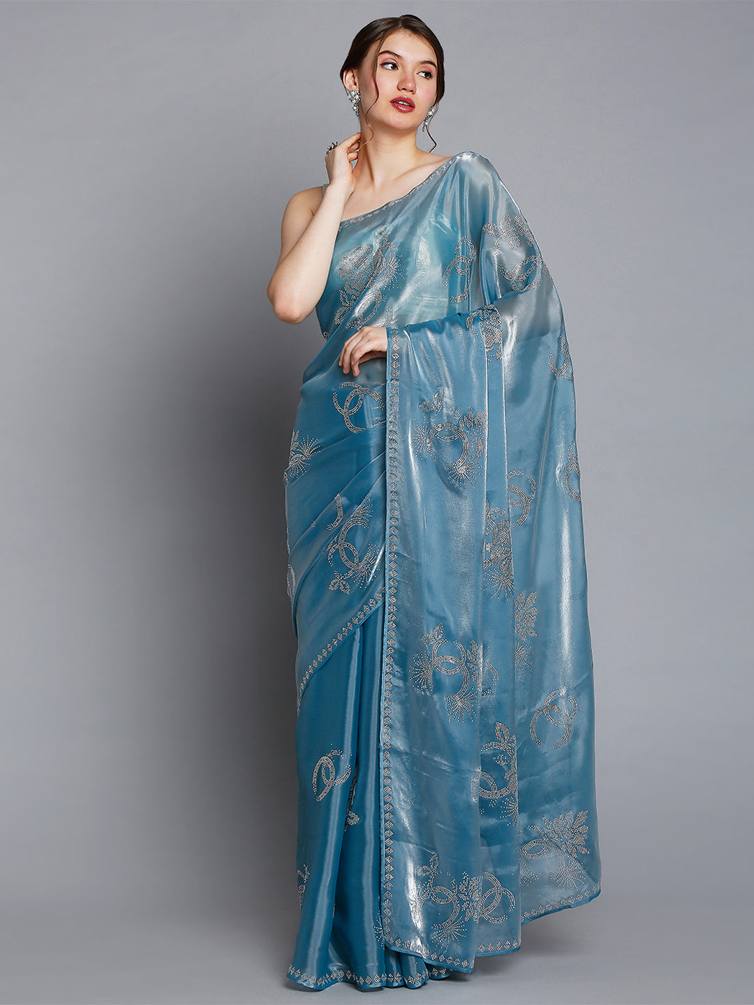 Blue Soft Tissue Saree With Floral Embroidery