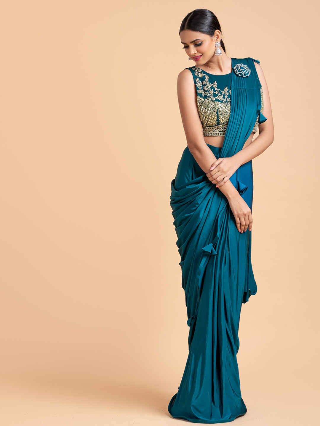 Rama Green Lycra Drape Saree With Embroidered Mirror Work Blouse