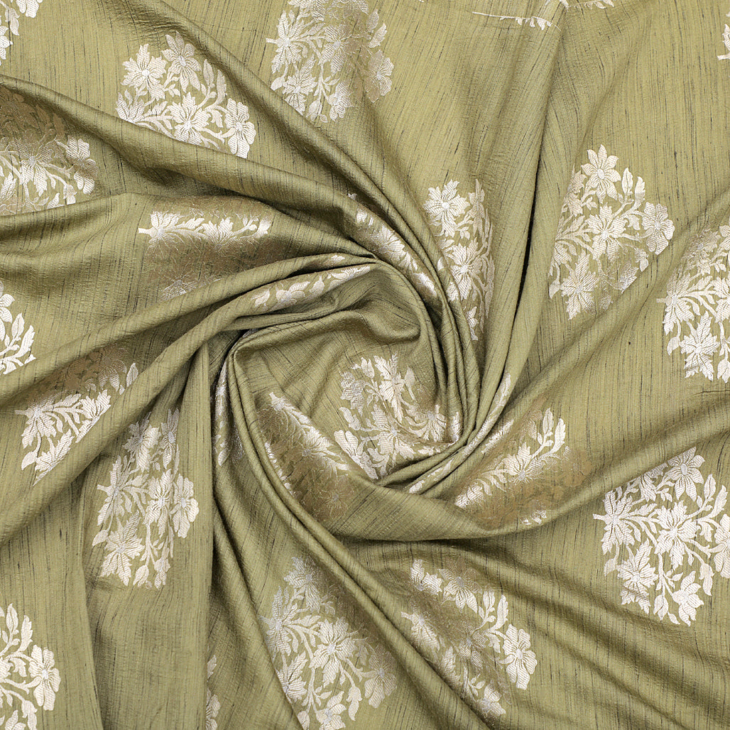 Olive Green Hand-woven Banarasi Brocade Khadi Silk With Light Gold Zari