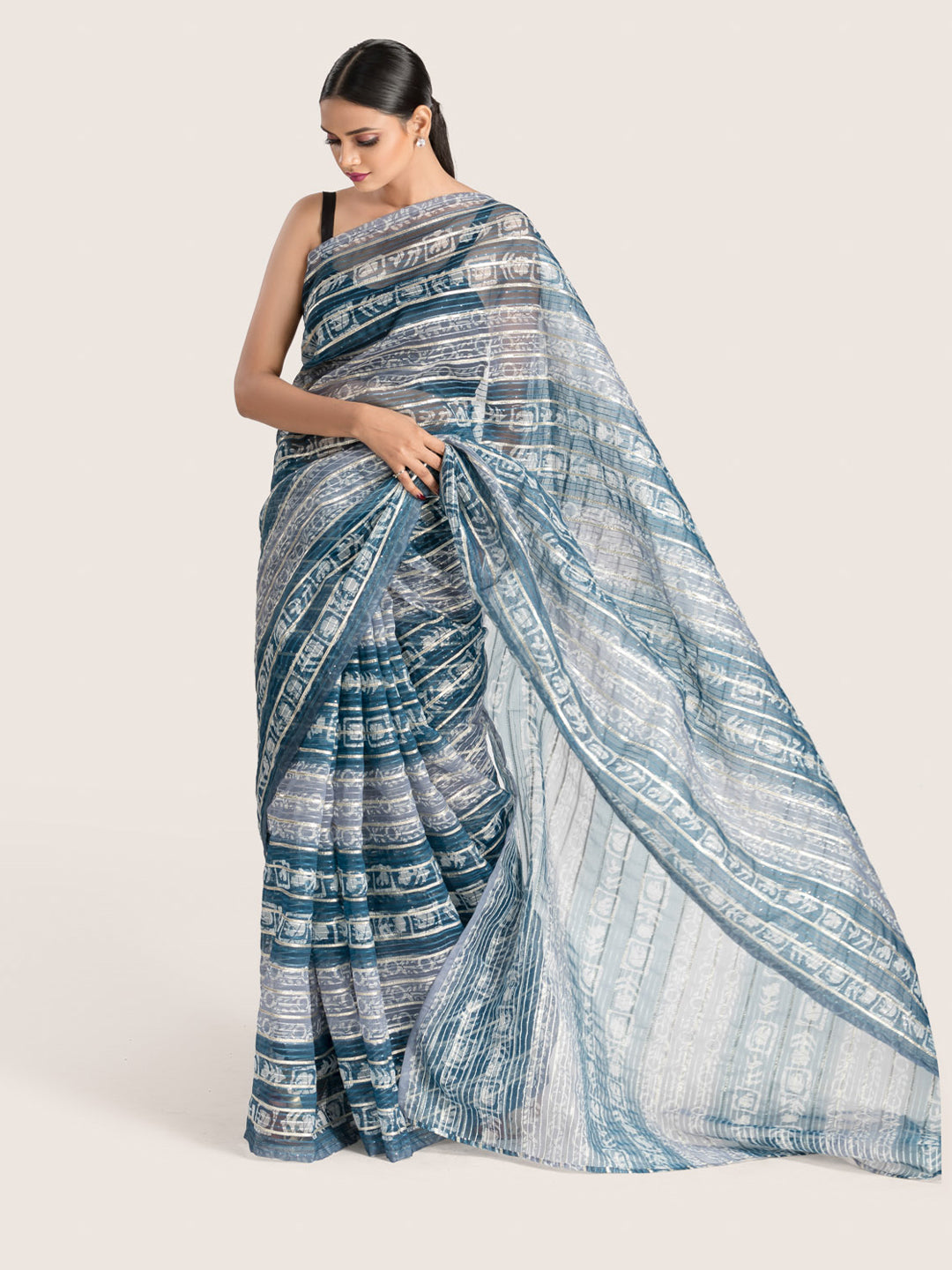 Blue & Grey Printed Organza Saree With Blouse Fabric