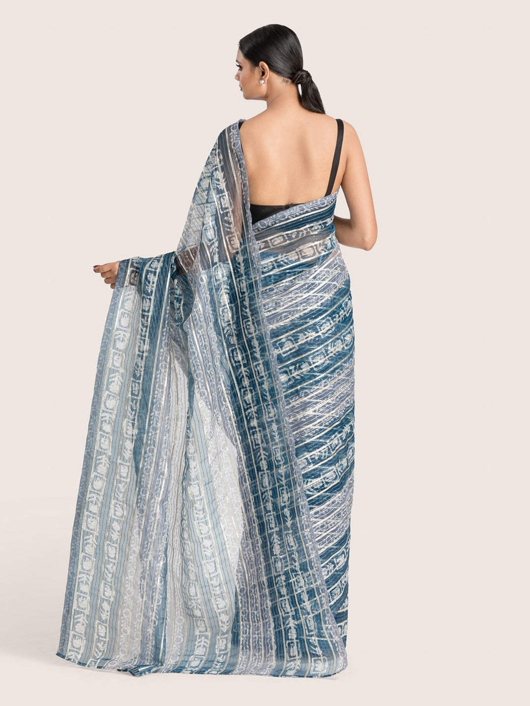 Blue & Grey Printed Organza Saree With Blouse Fabric