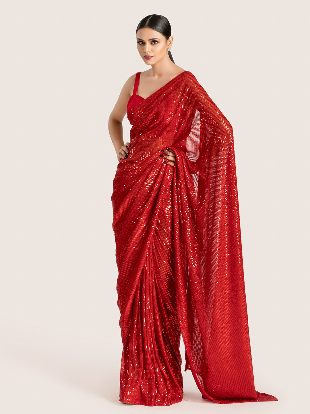Red Sequins Saree With Blouse Fabric